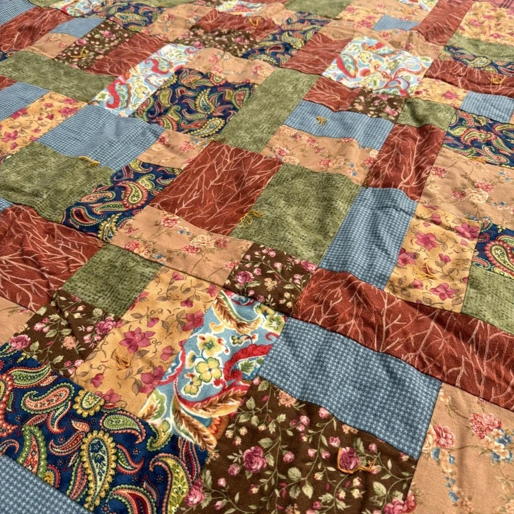 Vintage Handmade Patchwork Quilt Earth Tones Country Cottagecore Cozy 56 x 80
